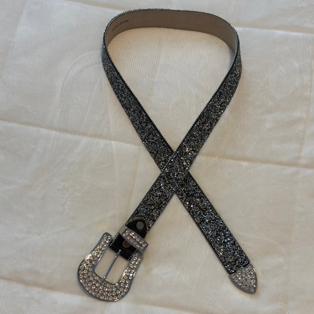 Genuine Leather Black and Silver Women's Sparkly Belt